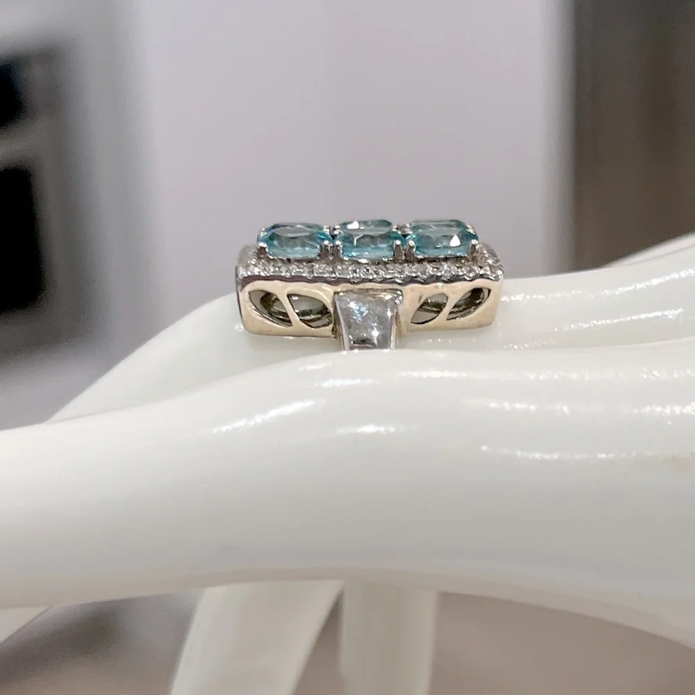 Cambodian Blue Zircon White Zircon Sterling Silver Rectangular Cluster R… - Picture 9 of 14